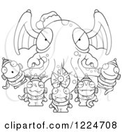 Clipart Of An Outlined Winged Tentacled Christmas Monster Holding Little Monsters Royalty Free Vector Illustration