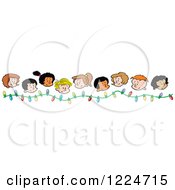 Poster, Art Print Of Border Of Happy Diverse Boy And Girl Faces And Christmas Lights