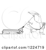 Clipart Of An Outlined Santa Pulling A Sled Royalty Free Vector Illustration