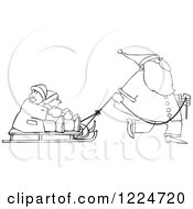 Clipart Of An Outlined Santa Pulling Kids On A Sled Royalty Free Vector Illustration