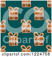 Poster, Art Print Of Seamless Background Pattern Of Gift Shaped Christmas Gingerbread Cookies Over Teal