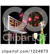 Poster, Art Print Of 3d Illuminated 2016 New Year Billboard With Champagne And Bursting Fireworks At Night