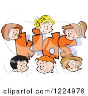 Clipart Of Happy Boy And Girl Faces Around The Word KIDS Royalty Free Vector Illustration