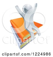 Poster, Art Print Of 3d Silver Person Cheering And Sitting On A Stack Of Books