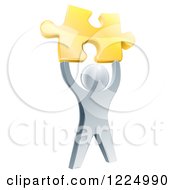 Clipart Of A 3d Victorious Silver Man Holding Up A Golden Puzzle Piece Royalty Free Vector Illustration