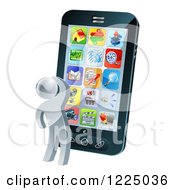 3d Silver Person Thinking And Looking At App Icons On A Giant Smart Phone