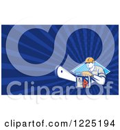 Clipart Of A Retro Arborist With A Chainsaw Over Blue Rays Background Or Business Card Design Royalty Free Illustration