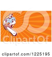 Poster, Art Print Of Retro Arborist With A Chainsaw Over Orange Rays Background Or Business Card Design