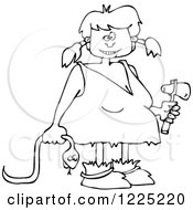Clipart Of An Outlined Cave Girl Holding A Snake And Hammer Royalty Free Vector Illustration