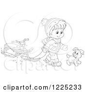Poster, Art Print Of Outlined Puppy And Boy Walking With A Sled Bike