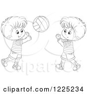 Clipart Of Outlined Two Happy Boys Playing Catch Royalty Free Vector Illustration