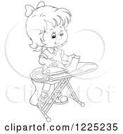 Clipart Of An Outlined Girl Ironing Socks Royalty Free Vector Illustration