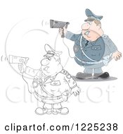 Poster, Art Print Of Outlined And Colored Chubby Police Offer Blowing A Whistle And Holding A Radar Gun