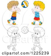 Clipart Of Outlined And Coored Happy Boys Playing Catch Royalty Free Vector Illustration by Alex Bannykh
