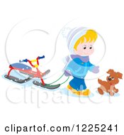 Poster, Art Print Of Puppy And Blond Boy Walking With A Sled Bike