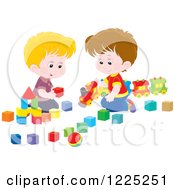 Happy Caucasian Boys Playing With Blocks And A Toy Train
