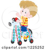Clipart Of A Happy Caucasian Boy Riding A Toy Horse Royalty Free Vector Illustration