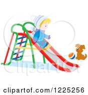 Winter Boy Going Down A Slide Near A Puppy And Ball