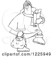 Clipart Of An Outlined Chubby Woman Carrying Grocery Bags Royalty Free Vector Illustration