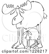 Clipart Of An Outlined Mother Moose And Calf Royalty Free Vector Illustration