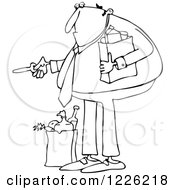 Clipart Of An Outlined Man With Groceries Unlocking A Door Royalty Free Vector Illustration