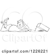 Clipart Of An Outlined Boy Setting A Box Trap Royalty Free Vector Illustration