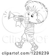 Clipart Of An Outlined Marching Boy Playing A Trumpet Royalty Free Vector Illustration
