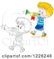 Clipart Of An Outlined And Colored Marching Boy Playing A Trumpet Royalty Free Vector Illustration