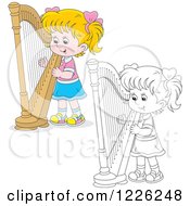 Clipart Of An Outlined And Colored Girl Playing A Harp Royalty Free Vector Illustration