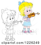 Clipart Of An Outlined And Colored Girl Violinist Royalty Free Vector Illustration