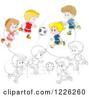 Poster, Art Print Of Outlined And Colored Boys And Girls Playing Soccer