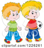 Poster, Art Print Of Caucasian Boys Walking With A Soccer Ball