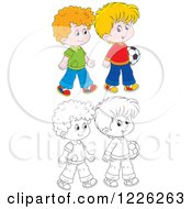 Poster, Art Print Of Outlined And Colored Boys Walking With A Soccer Ball
