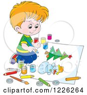 Poster, Art Print Of Caucasian Boy Painting A Snowman And Christmas Tree