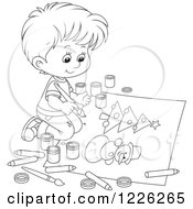 Clipart Of An Outlined Boy Painting A Snowman And Christmas Tree Royalty Free Vector Illustration