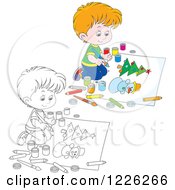 Clipart Of An Outlined And Colored Boy Painting A Snowman And Christmas Tree Royalty Free Vector Illustration