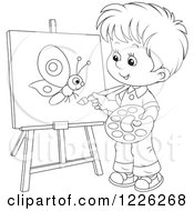 Clipart Of An Outlined Boy Painting A Butterfly On A Canvas Royalty Free Vector Illustration