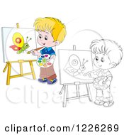 Clipart Of An Outlined And Colored Boy Painting A Butterfly On A Canvas Royalty Free Vector Illustration