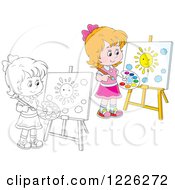 Clipart Of An Outlined And Colored Girl Painting A Sun On A Canvas Royalty Free Vector Illustration