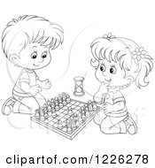 Poster, Art Print Of Outlined Happy Boy And Girl Playing Chess