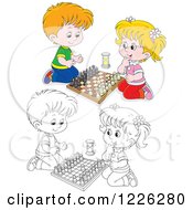 Poster, Art Print Of Outlined And Colored Happy Boy And Girl Playing Chess