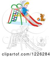 Clipart Of An Outlined And Colored Puppy Watching A Boy Go Down A Slide In The Snow Royalty Free Vector Illustration