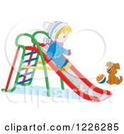 Puppy Watching A Caucasian Boy Go Down A Slide In The Snow