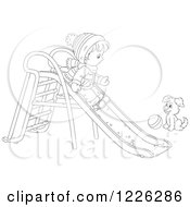 Poster, Art Print Of Outlined Puppy Watching A Boy Go Down A Slide In The Snow