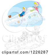 Poster, Art Print Of Outlined And Colored Puppy Watching Children Play On A Sled Snow Slide