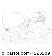 Poster, Art Print Of Outlined Puppy Watching Children Play On A Sled Snow Slide