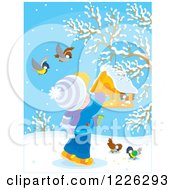 Poster, Art Print Of Blond Boy Feeding Birds At A Suspended Feeder