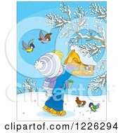 Poster, Art Print Of Caucasian Boy Feeding Birds At A Suspended Feeder