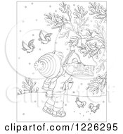 Poster, Art Print Of Outlined Boy Feeding Birds At A Suspended Feeder