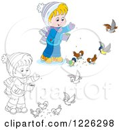 Poster, Art Print Of Outlined And Colored Boy Feeding Birds